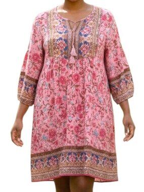 Noracora‎ long-sleeve, pink bohemian floral print tunic dress Size XL